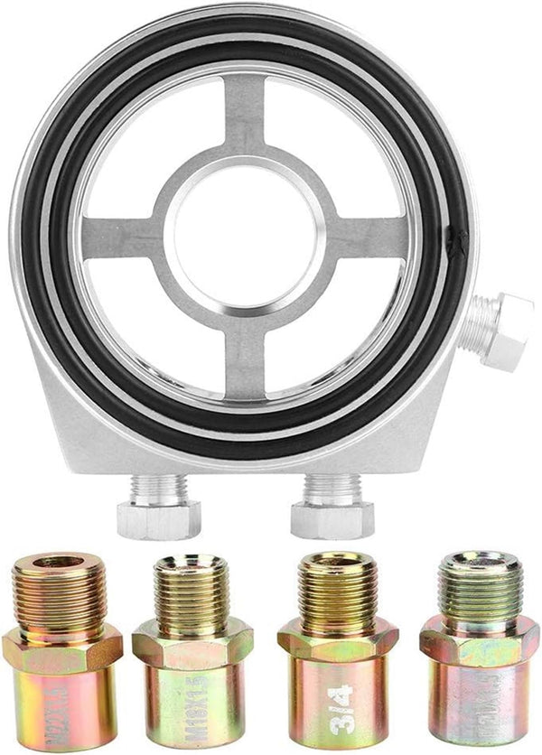 TKSE Piastra sandwich filtro olio, Adattatore per piastra sandwich con indicatore di temperatura del filtro dell'olio universale in alluminio argentato
