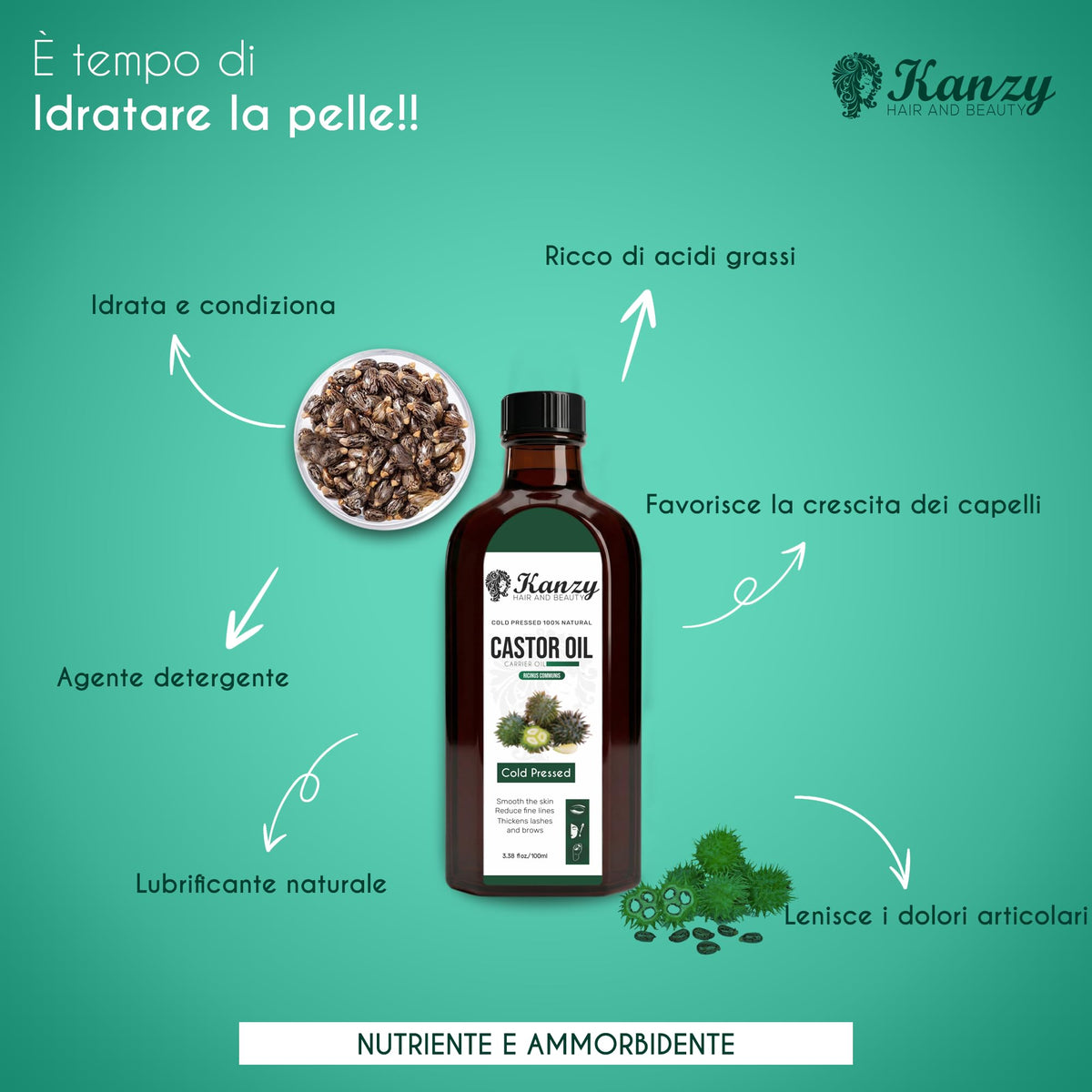 Kanzy Olio di Ricino per Ciglia e Sopracciglia 100ml Olio di Ricino per Capelli, Unghie, Pelle e Barba Castor Oil con Set di Pennelli