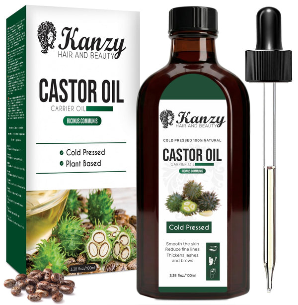 Kanzy Olio di Ricino per Ciglia e Sopracciglia 100ml Olio di Ricino per Capelli, Unghie, Pelle e Barba Castor Oil con Set di Pennelli