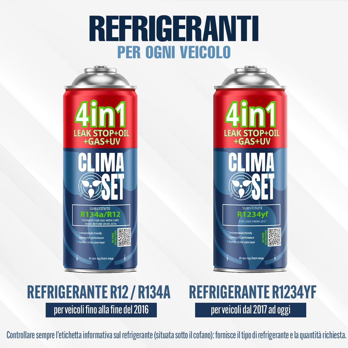 CLIMASET - 2x 4in1 Ricarica Gas per Climatizzatore R134a, Olio, Sigillante per Perdite con Colorante UV + Tubo Flessibile - Kit di Ricarica Gas AC e Rilevamento Perdite