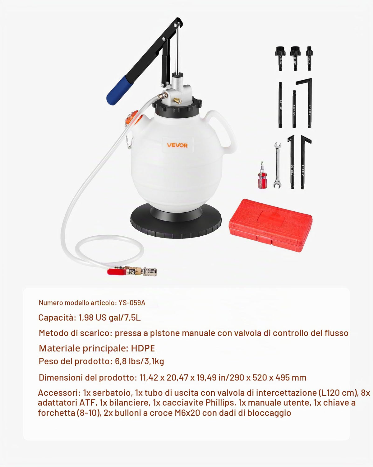 VEVOR Pompa per Fluido di Trasmissione, capacità 7,5 L, Pompa di Trasferimento Fluido con 8 Adattatori ATF e Attacco di Uscita da 120 cm, Erogatore per Estrattore di Olio per Auto, Tosaerba