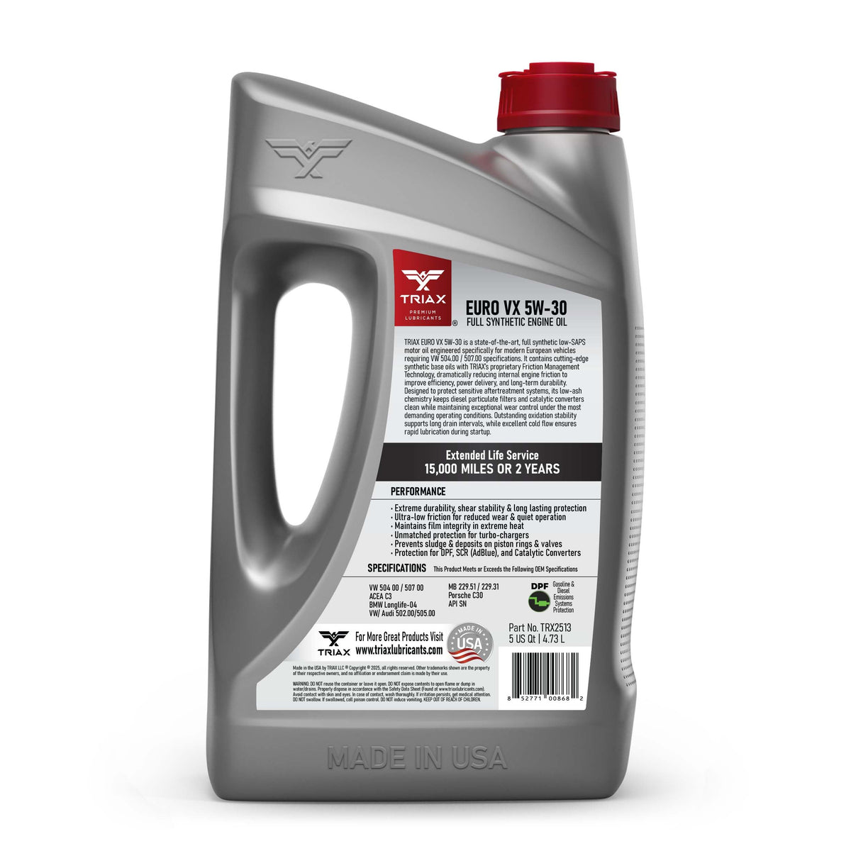 TRIAX Euro VX SAE 5W-30 Olio Motore Sintetico PAO Ester - Motori Benzina e Diesel con DPF e SCR - ACEA C3 API SP - VW/Audi 504.00 507.00 502.00 505.01 - BMW LL-04 - MB 229.51 229.31 (3 x 5 quarts)