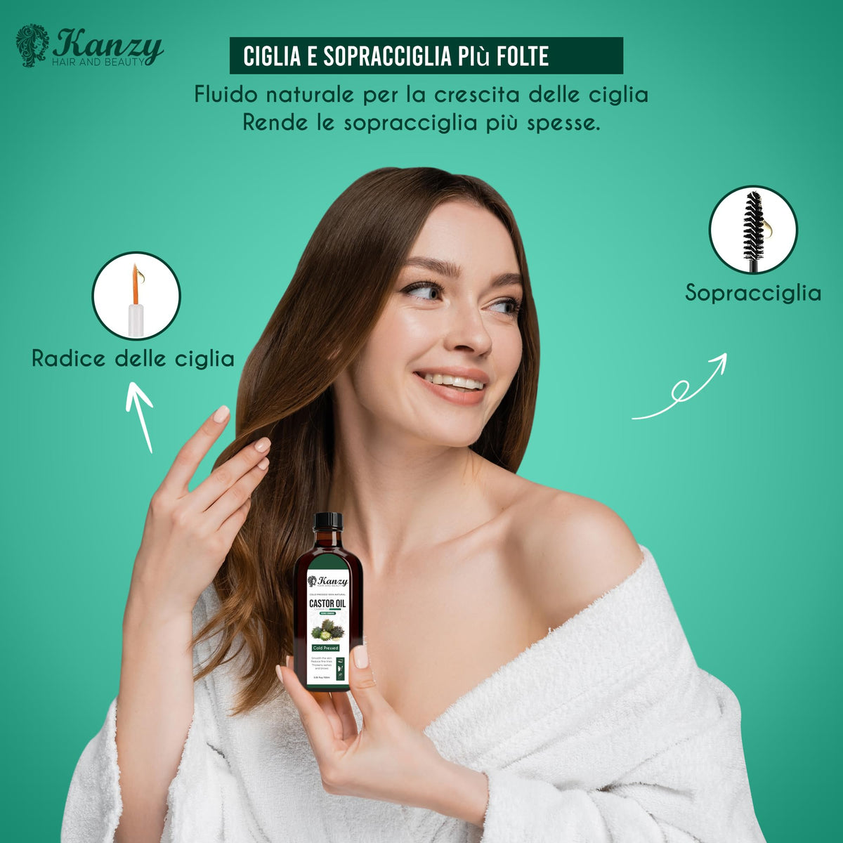 Kanzy Olio di Ricino per Ciglia e Sopracciglia 100ml Olio di Ricino per Capelli, Unghie, Pelle e Barba Castor Oil con Set di Pennelli