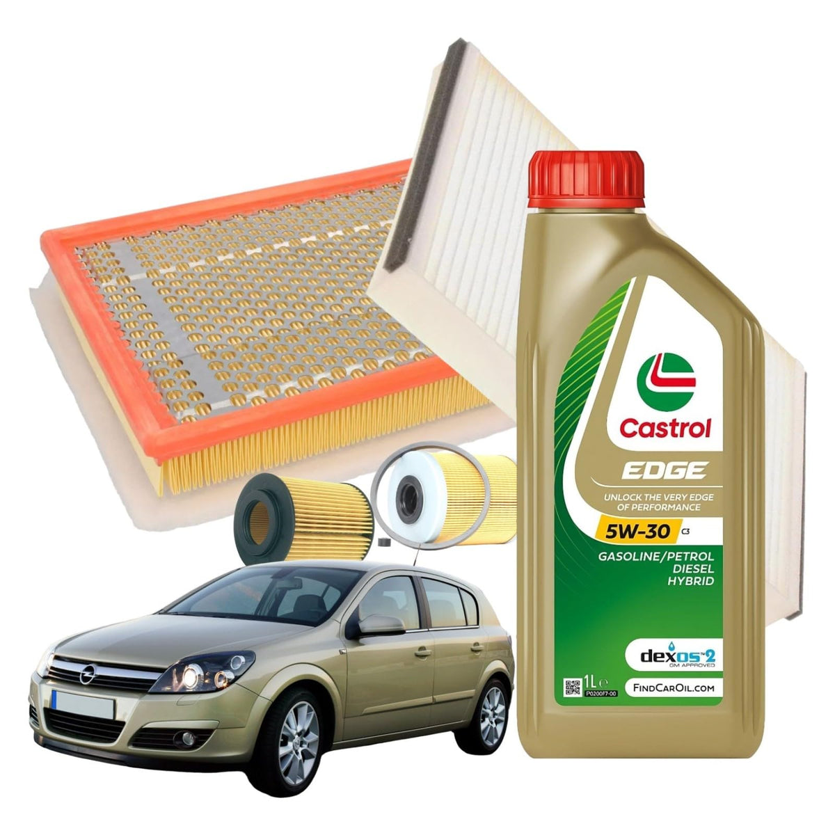 ricambi auto smc Kit Tagliando Opel Astra H : 5L Olio Castrol Edge 5w30 C3 + Filtro Aria 52x233x292mm, Filtro Olio 94x72mm, Filtro Carburante 92x70mm, Filtro Abitacolo 292x198x30mm