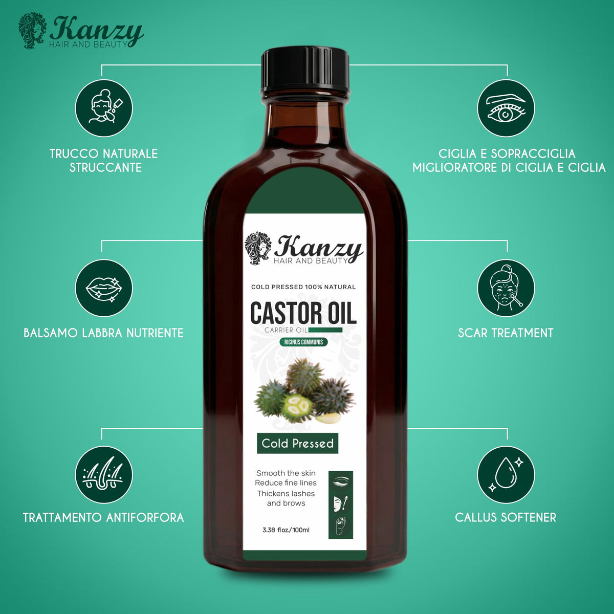 Kanzy Olio di Ricino per Ciglia e Sopracciglia 100ml Olio di Ricino per Capelli, Unghie, Pelle e Barba Castor Oil con Set di Pennelli