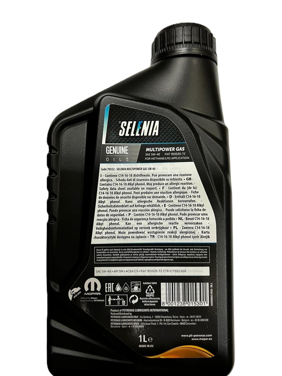 KIT 2 LITRI SELENIA MULTIPOWER GAS 5W-40 METANO MOPAR API SM ACEA C3 9.55535-T2