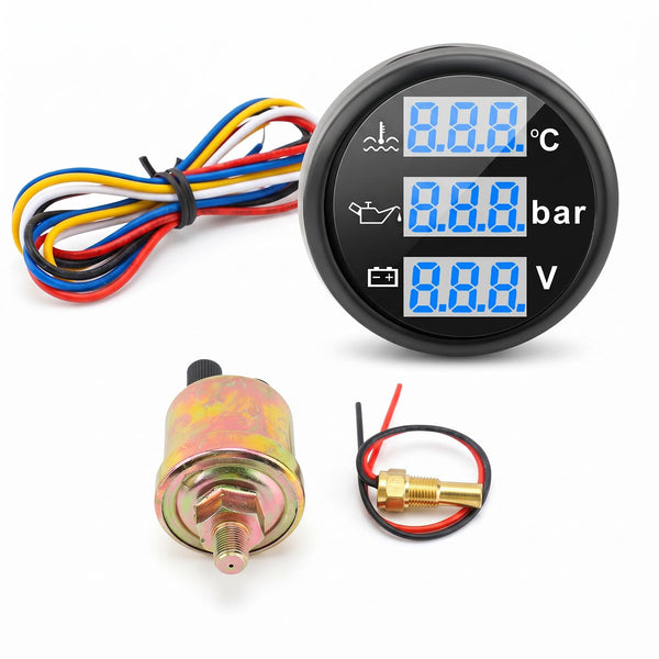 Cancellatura digitale cheotime, 52mm 3 in 1 calibro barca con temperatura dell'acqua, pressione dell'olio e voltmetro, IP67 Triple metro per auto, camion, motociclette (Black Dial Black Cover)