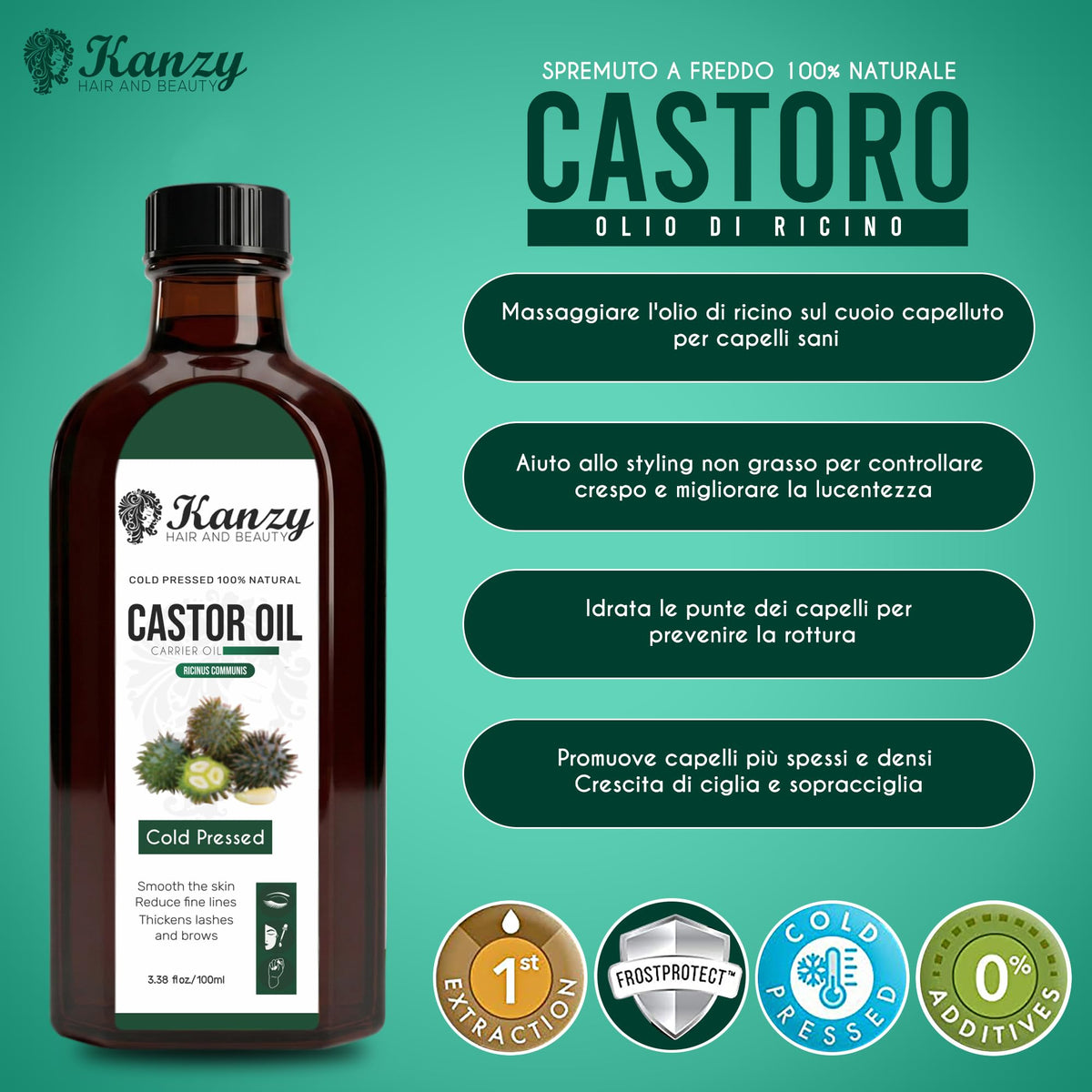 Kanzy Olio di Ricino per Ciglia e Sopracciglia 100ml Olio di Ricino per Capelli, Unghie, Pelle e Barba Castor Oil con Set di Pennelli