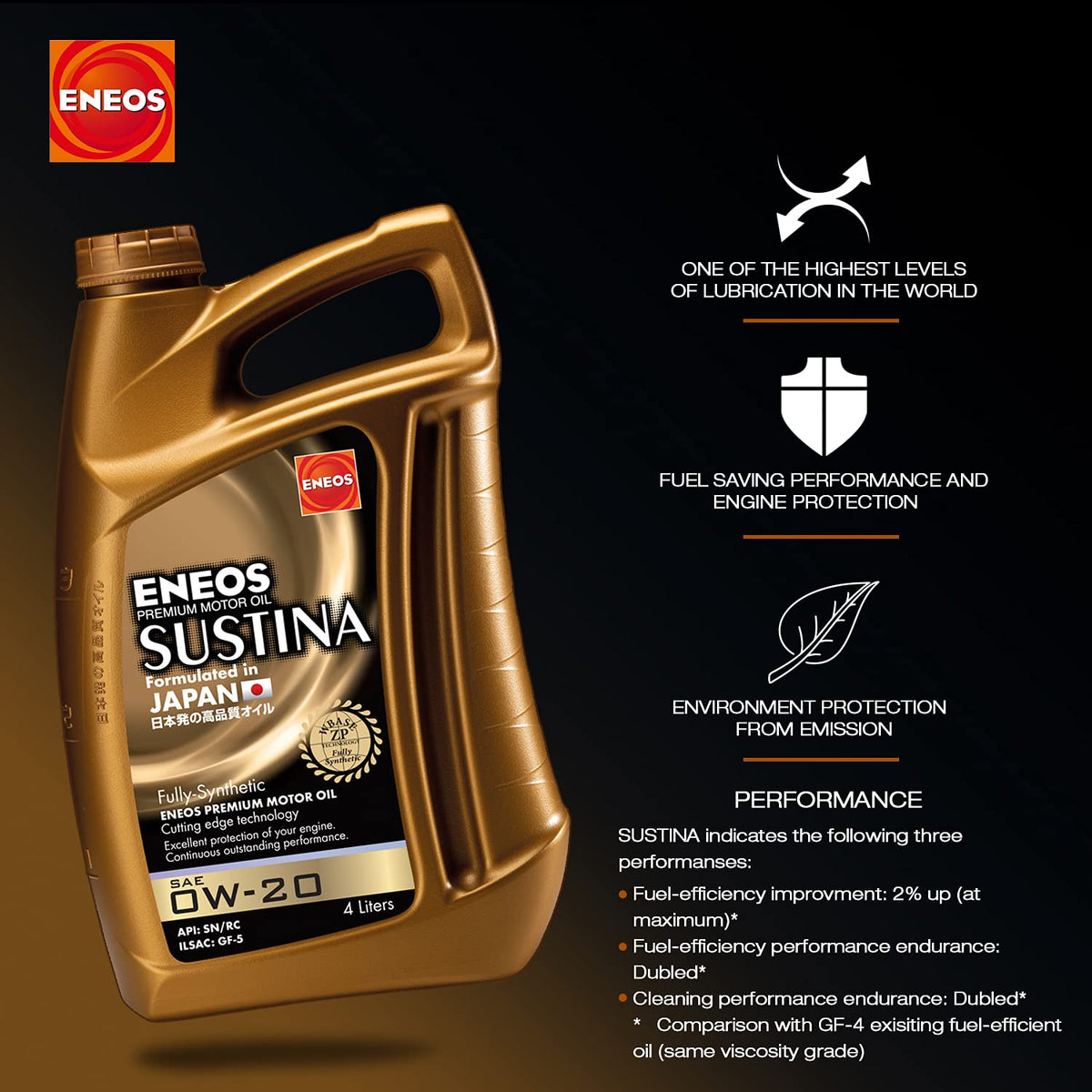 ENEOS SUSTINA 0W-20 - Olio Motore - Engine Oil - per Auto Ibride Giapponesi - Completamente Sintetico con Additivi Organici Unici - Riduzione delle Emissioni di Scarico (4 Litri)
