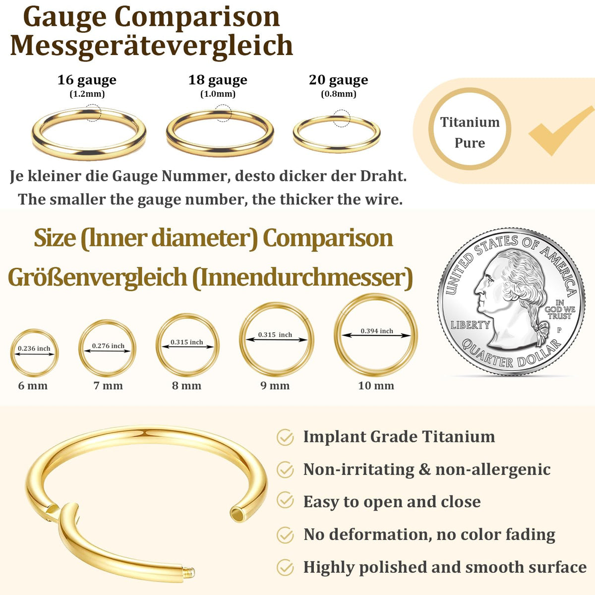 Anellini per naso in titanio 20G, 18G, 16G, orecchini per uomo e donna, piercing per setto, trago, padiglione auricolare, elice, daith, labbra - 6 mm/7 mm/8 mm/9 mm/10 mm - Dorato, argentato, 6mm