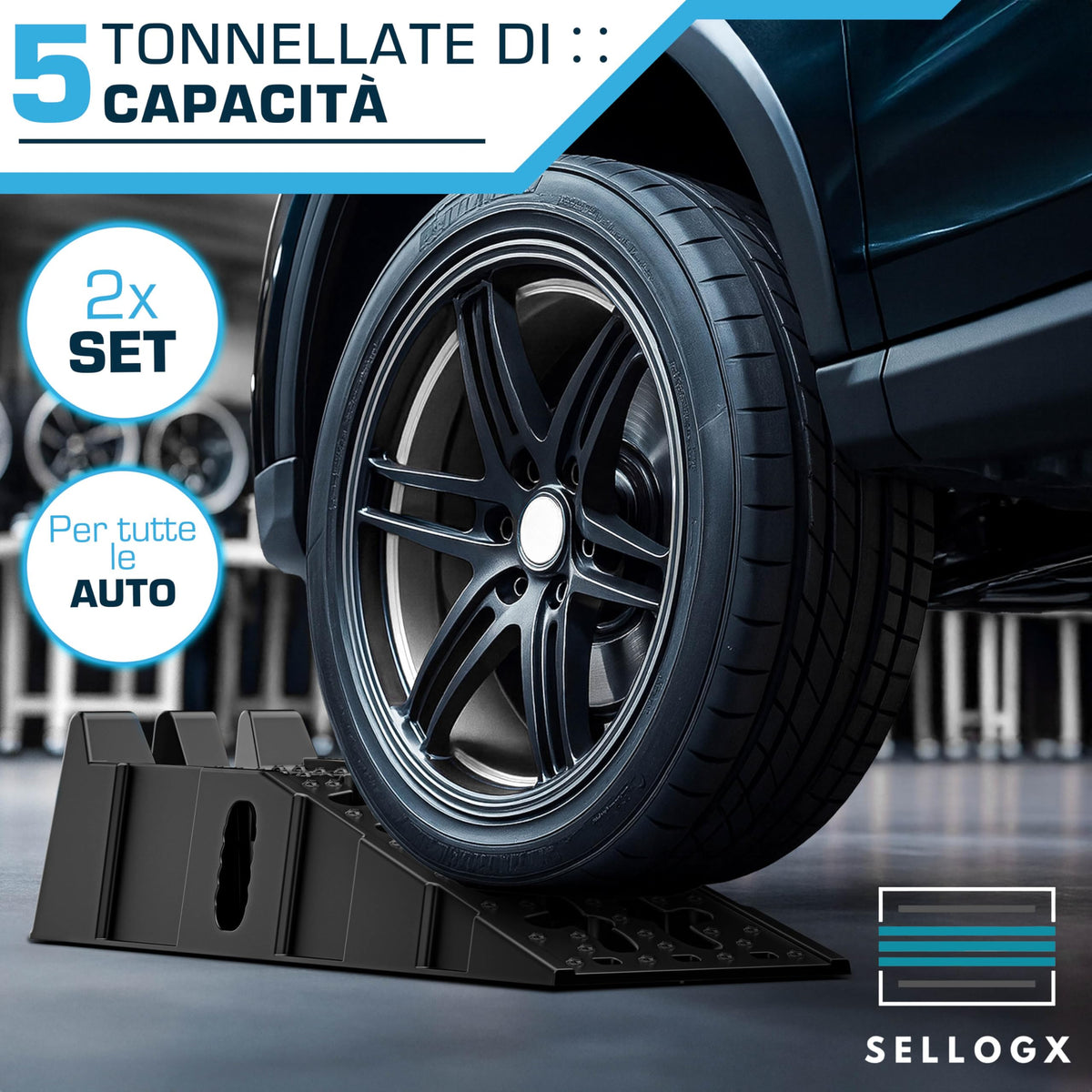 SELLOGX Rampe auto 2 pezzi | Fino a 5t | Rampa robuste e antiscivolo | Sollevamento e accesso per garage, officina, camper, rimorchio, cambio olio e riparazioni | Carrabili per la massima aderenza