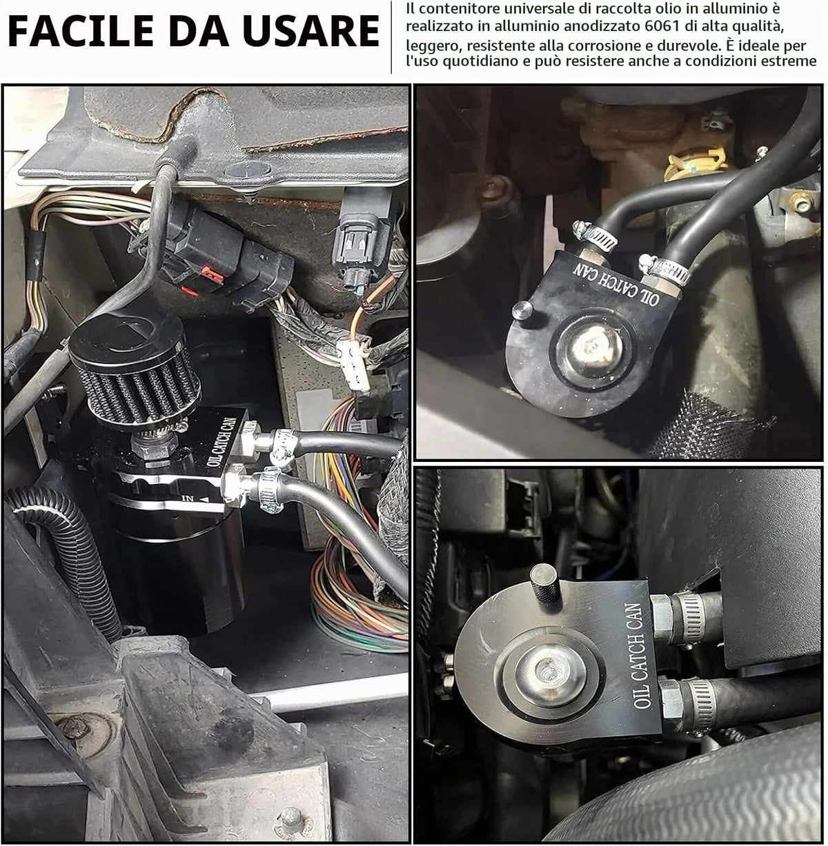 Aicharynic Serbatoio di raccolta dell'olio con filtro dell'aria, 400 ml, contenitore di raccolta dell'olio in alluminio, Oil Catch Tank, serbatoio per auto con accessori, linea carburante da 3/8