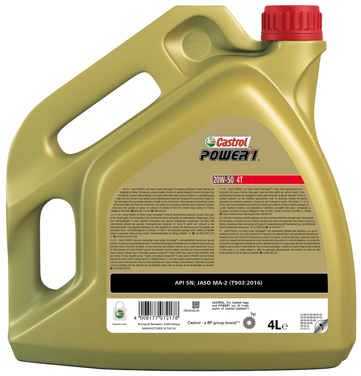 Olio Motore Castrol Power 1 4T 20W50 4 Litri – Lubrificante Sintetico Alta Performance per Moto 4 Tempi, Protezione Motore, Resistenza al Calore e Usura