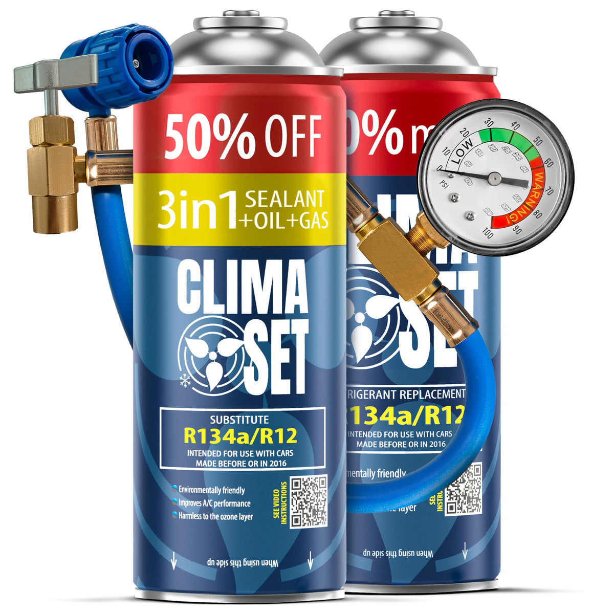 ClimaSet - Gas di ricarica per climatizzatore 3 in 1 r134a, olio, sigillante per perdite XL e gas R134a e tubo flessibile - Kit Ricarica Gas AC - Kit Ricarica Climatizzatore Auto - 470 g