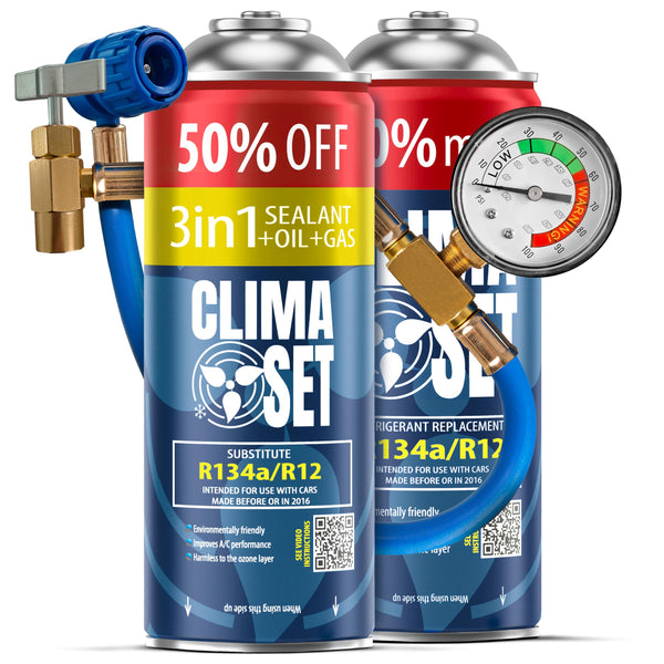 ClimaSet - Gas di ricarica per climatizzatore 3 in 1 r134a, olio, sigillante per perdite XL e gas R134a e tubo flessibile - Kit Ricarica Gas AC - Kit Ricarica Climatizzatore Auto - 470 g