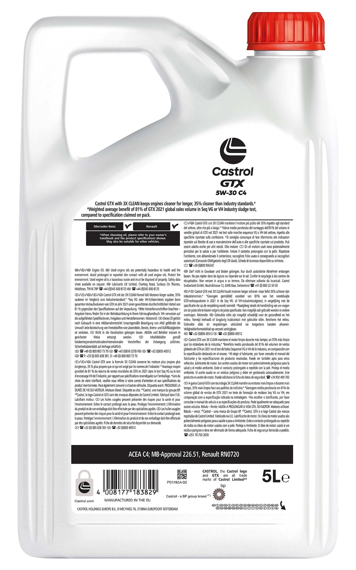 Castrol GTX 5W-30 C4 Olio Motore per auto Totalmente Sintetico, 5L