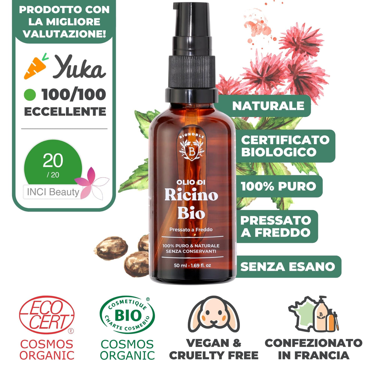 BIONOBLE Olio di Ricino Puro Bio per Ciglia, Sopracciglia e Capelli - 50ml