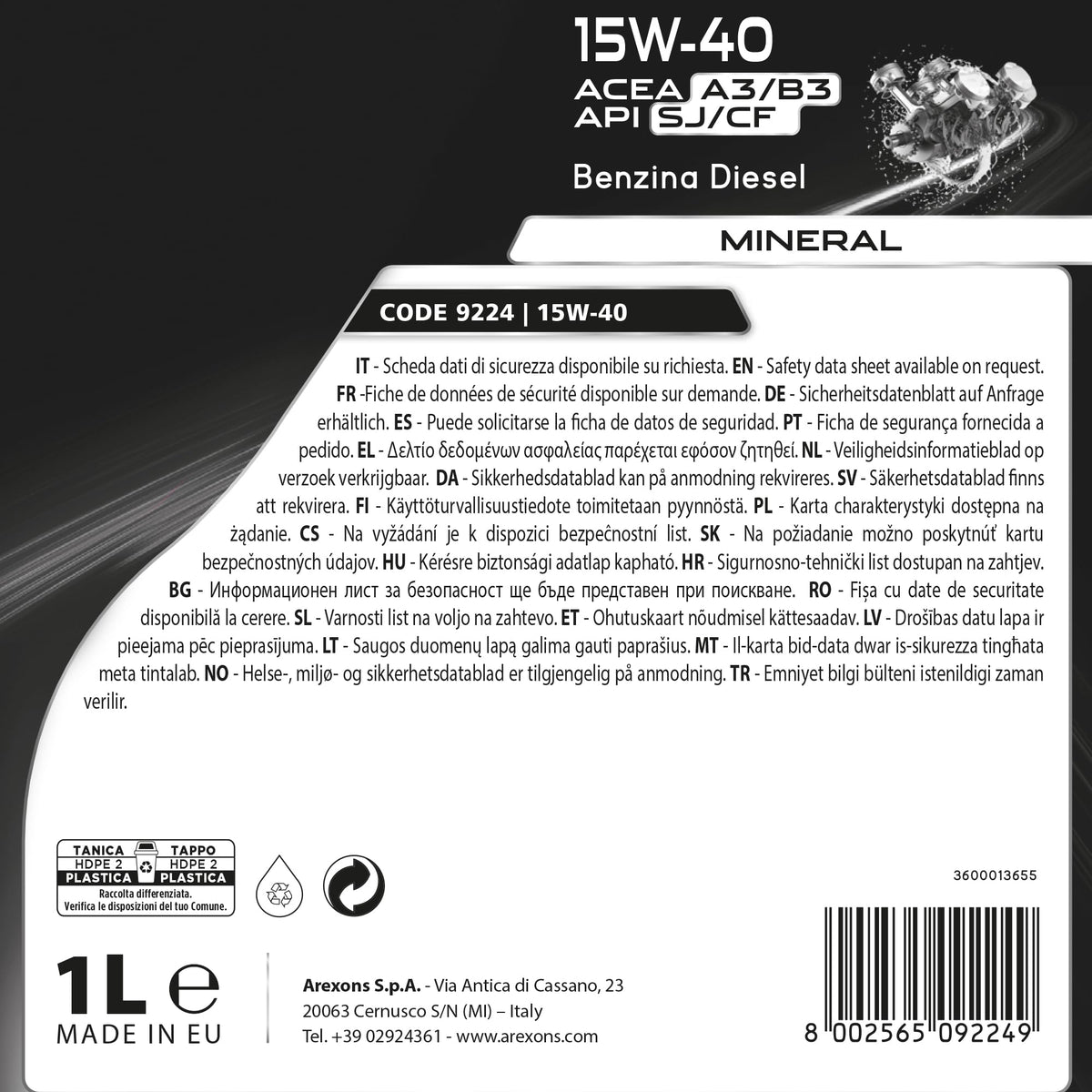 AREXONS Olio Motore 5W-40 4L Sintetico, Riduce i Consumi, Adatto a Motori DPF e TWC, Olio Motore Universale Benzina e Diesel