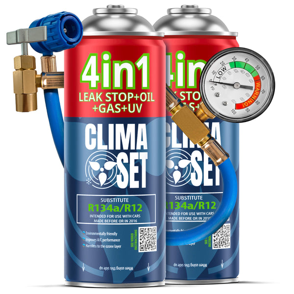 CLIMASET - 2x 4in1 Ricarica Gas per Climatizzatore R134a, Olio, Sigillante per Perdite con Colorante UV + Tubo Flessibile - Kit di Ricarica Gas AC e Rilevamento Perdite