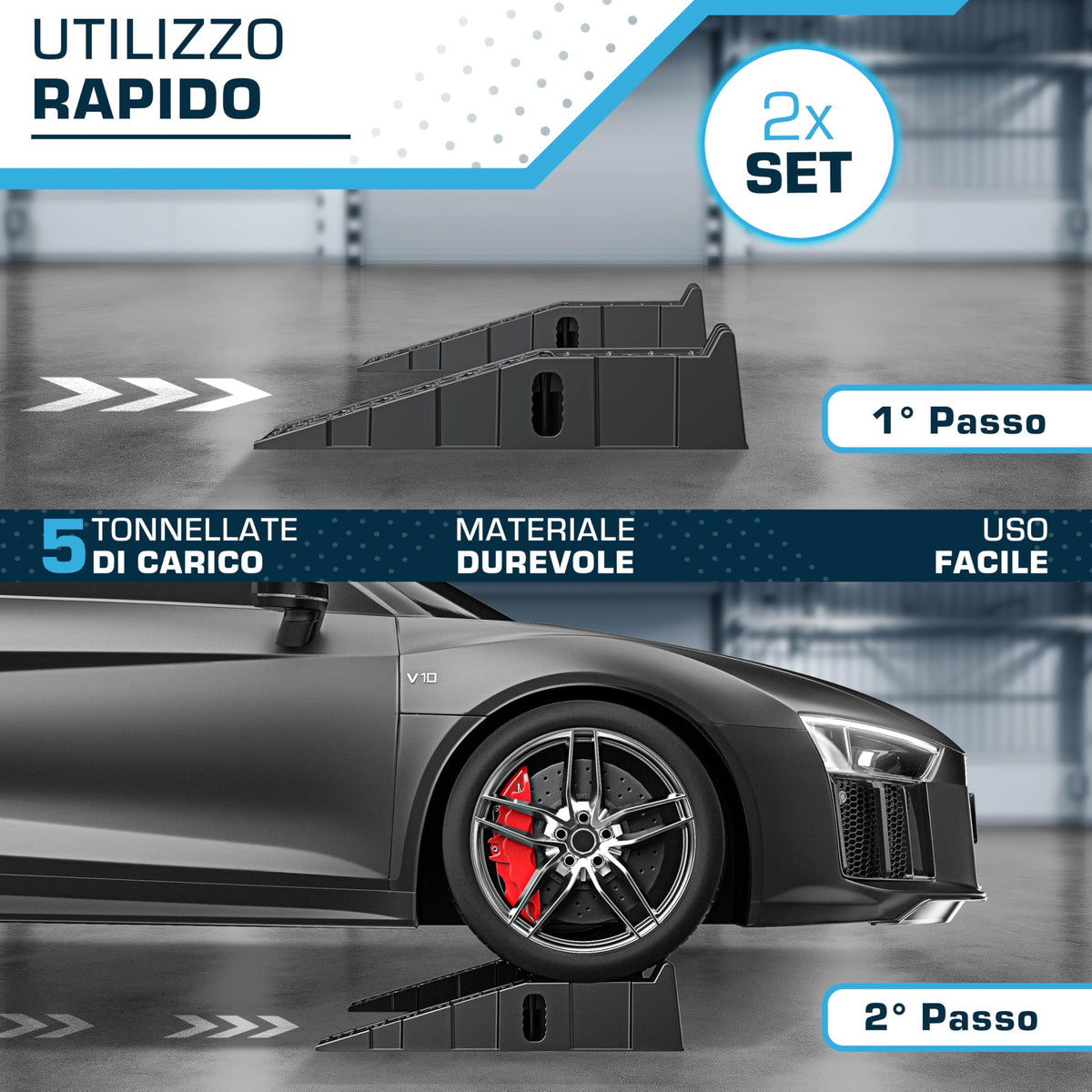 SELLOGX Rampe auto 2 pezzi | Fino a 5t | Rampa robuste e antiscivolo | Sollevamento e accesso per garage, officina, camper, rimorchio, cambio olio e riparazioni | Carrabili per la massima aderenza