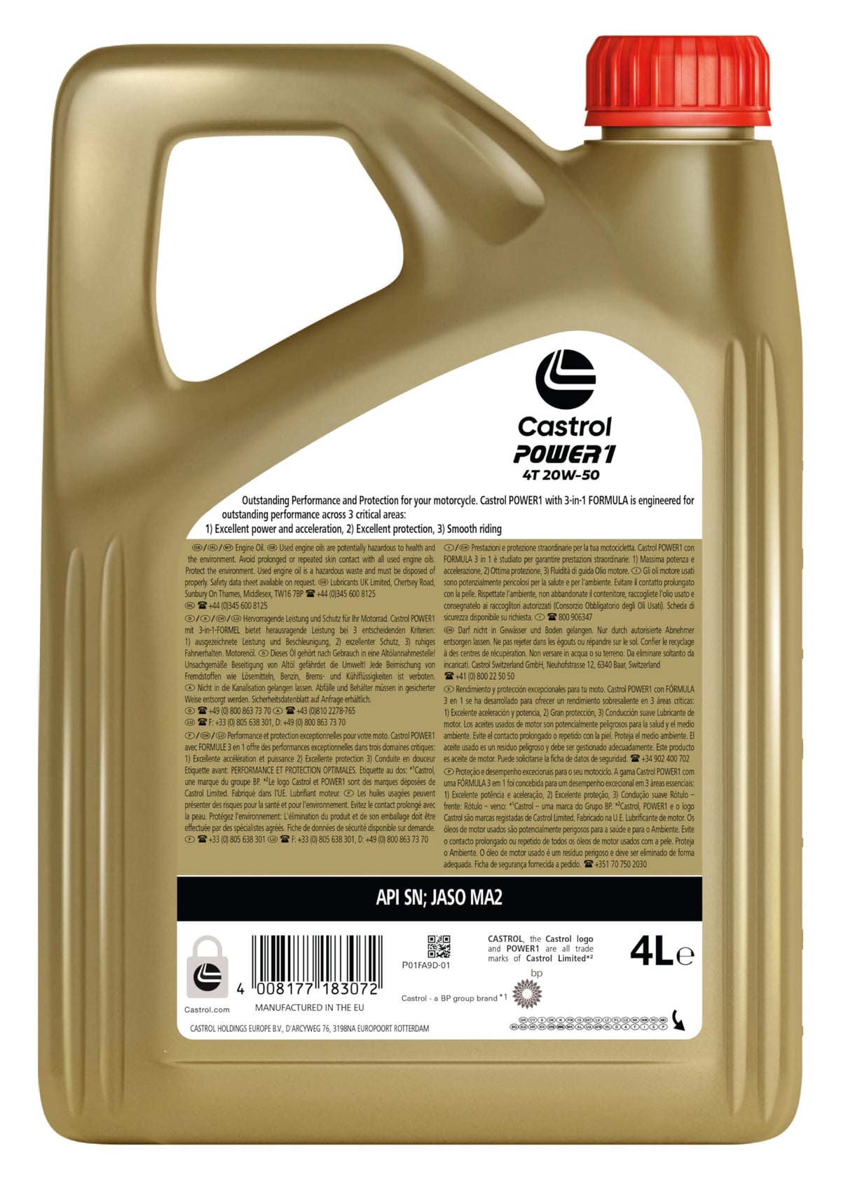 Castrol POWER1 4T 20W-50 Olio Motore per Moto, 4L
