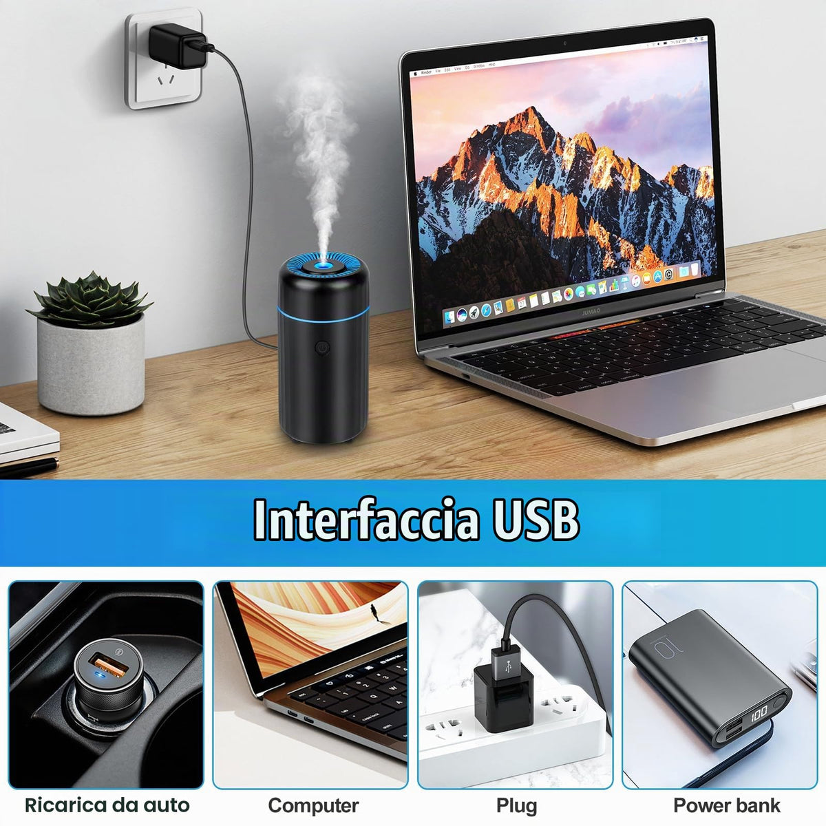 HIULLEN Deodorante per Auto, Diffusore di Oli Essenziali USB, Diffusore di Aromi per Oli Essenziali, 2 Modalità Nebbia Mini Umidificatore per Auto Ufficio Camera da Letto Casa Viaggi