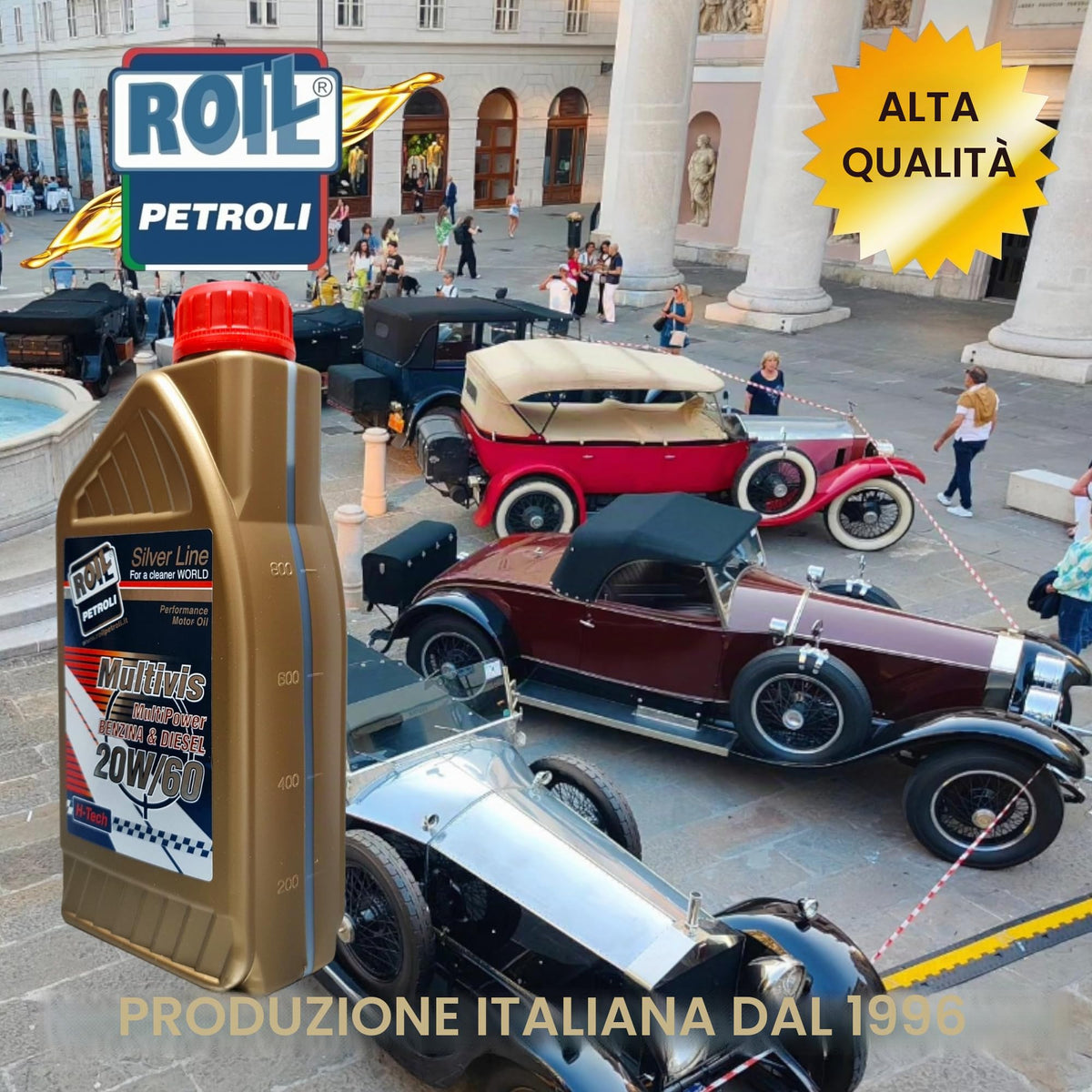 6 Litri di ROIL MULTIVIS 20W/60 - NUOVA FORMULAZIONE MAGGIORE RISPARMIO DI OLIO E CARBURANTE -AUTO CLASSICHE STORICHE E SPORTIVE BENZINA & DIESEL MOTORI LOGORI O DECOMPRESSI