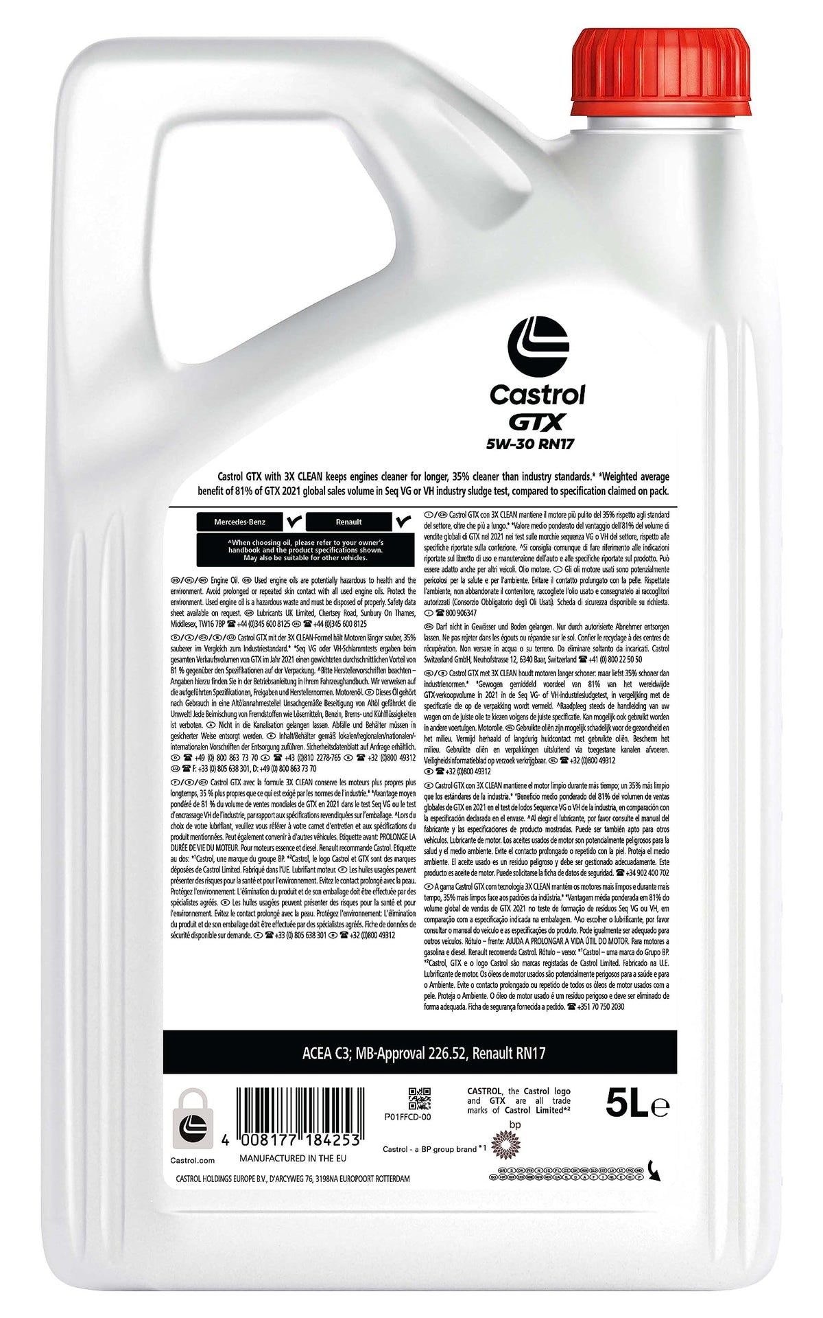 Castrol GTX 5W-30 RN17 Olio Motore per auto Totalmente Sintetico, 5L