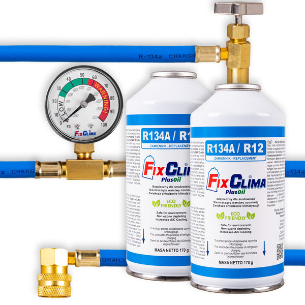 FixClima Kit di Ricarica per Climatizzatore Auto R134a R12 – 2x Gas Refrigerante (2x 170g) & Tubo di Ricarica con Manometro – per Veicoli 1994-2016 – Incl. Olio & Sigillante – Kit di Manutenzione
