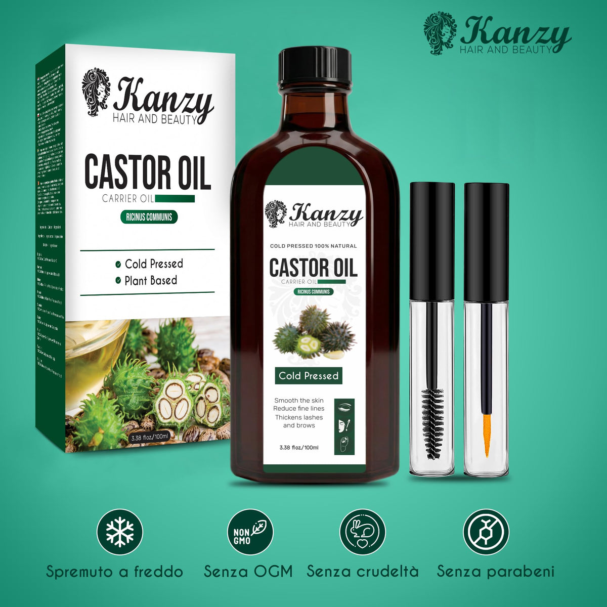 Kanzy Olio di Ricino per Ciglia e Sopracciglia 100ml Olio di Ricino per Capelli, Unghie, Pelle e Barba Castor Oil con Set di Pennelli