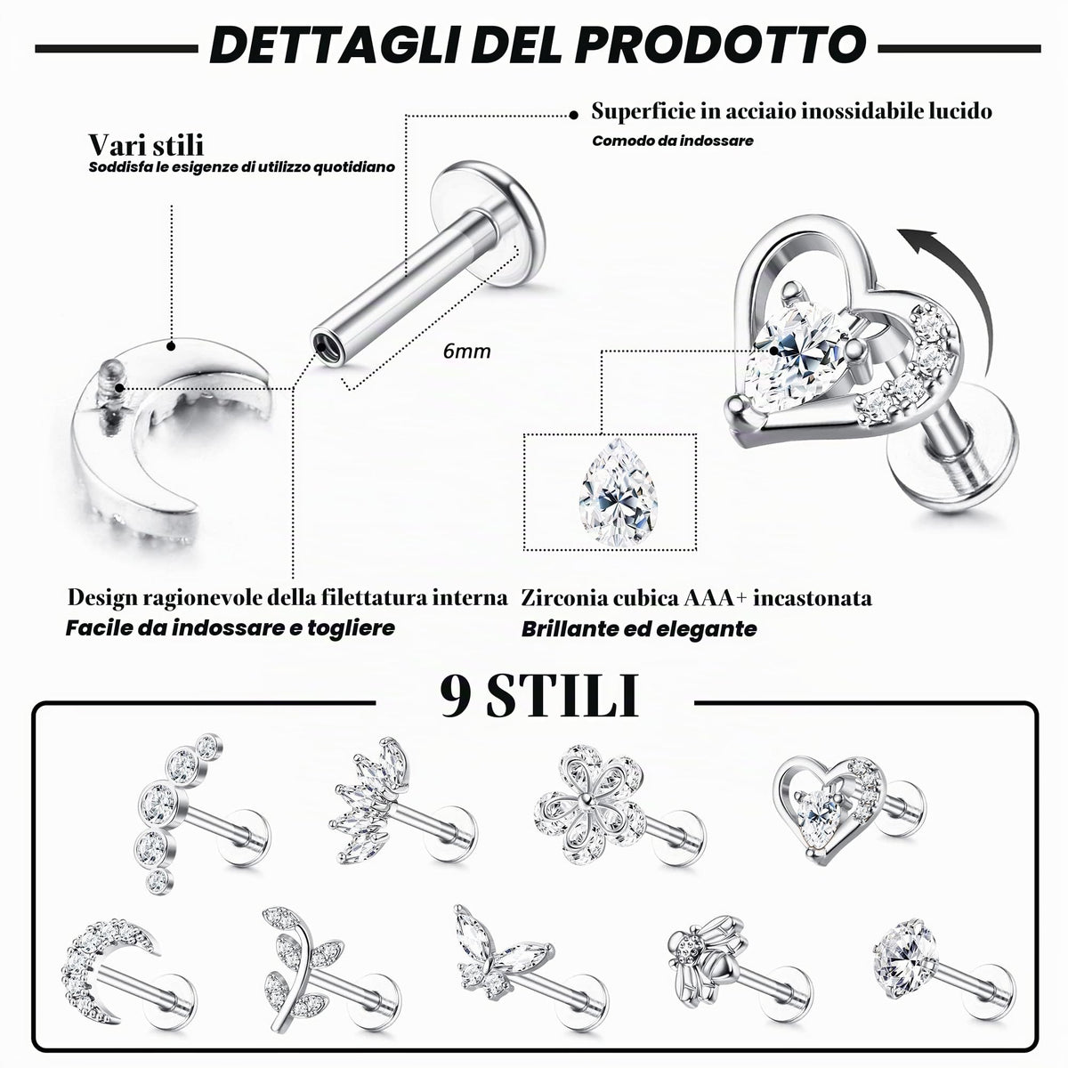 ADRAMATA 9Pcs 16G Orecchini Cartilagine per Donna - Set Tragus Helix Conch Filettati Interna Labret CZ Farfalla Luna Oro Argento Piercing