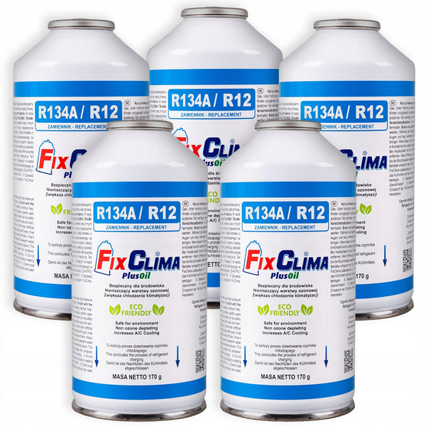FixClima R134a R12 - Set di ricarica di gas refrigerante per auto dal 1994 al 2016, 5 bombolette da 170 g di gas refrigerante con olio integrato