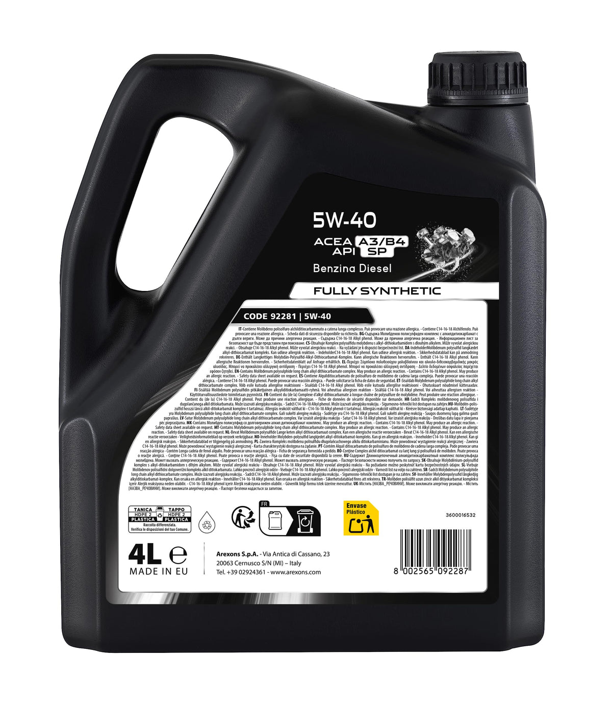 AREXONS Olio Motore 5W-40 4L Sintetico, Riduce i Consumi, Adatto a Motori DPF e TWC, Olio Motore Universale Benzina e Diesel