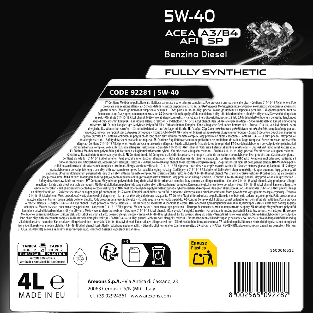 AREXONS Olio Motore 5W-40 4L Sintetico, Riduce i Consumi, Adatto a Motori DPF e TWC, Olio Motore Universale Benzina e Diesel